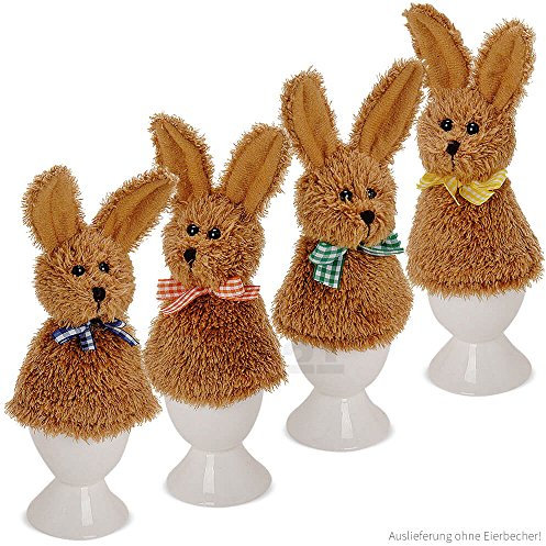 matches21 Eierwärmer Plüsch Hasen Osterhasen Häschen Textil Frühstück Ei braun bunte Schleifen 4er Set je 8 cm