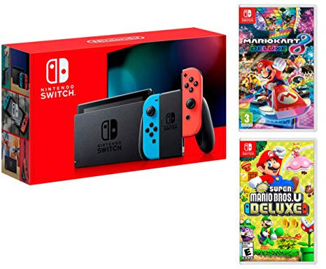 Nintendo Switch Rouge/Bleu Néon 32Go [Nouveau modèle]+ New Super Mario Bros. U Deluxe + Mario Kart 8 Deluxe [Deluxe Pack]