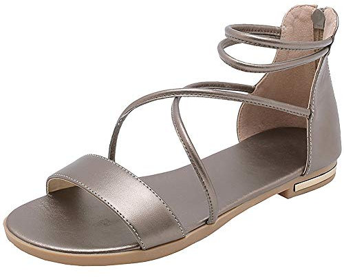 amropi Femme Été Bout Ouvert Croisé Bride Cheville Plates Sandales (Champagne,38.5 EU)