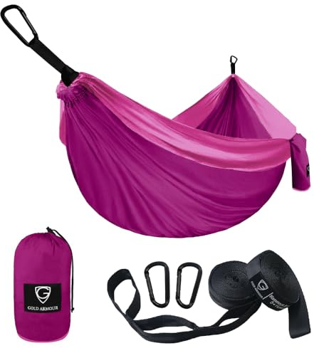 Gold Armour Camping Hammock - USA Brand Single Parachute Hammock (2 Tree Straps 10 Loops/20 ft Included) Lightweight Nylon Portable Adult Kids (Fuchsia/Pink)