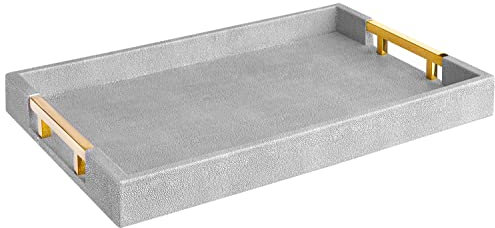 Modern Elegant Coffee Table, 45.7 x 30.5 cm, Rectangular, Grey, Glossy, Serving Tray with Gold Polished Metal Handles, Redefined for All Occasions