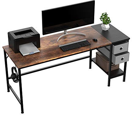 HOMIDEC Computer Desk, Office Work Writing Desk with Drawer and Headphone Hook for Student and Worker, Laptop Table with Shelves, Modern Style Desks for Bedroom, Home, Office(160x60x75cm)