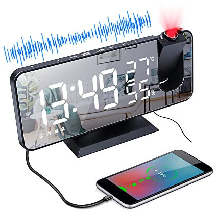 LITEYPP Radio Reveil Projection Plafond, 180° Projecteur Réveil Radio, Horloge Numérique avec 7 LED Écran Miroir Chargement USB Port Fonction Snooze Double Alarme Horloge Digitale 12/24H