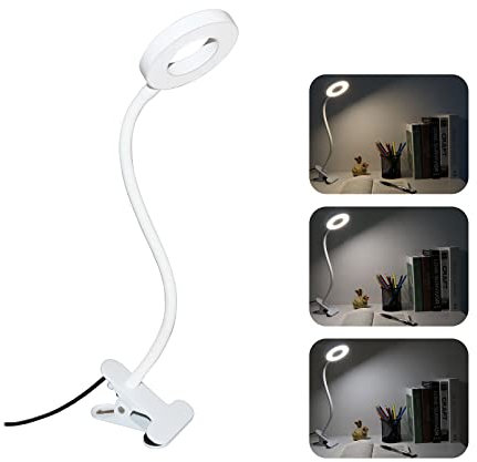 7W Clip On Reading Light Dimmable for Bed, 3 Colours & 10 Brightness, 48 LED Desk Lamp for Home Office, Flexible USB Clamp Bedside Lamp, Eye Caring LED Clip Desk Light for Craft Make Up, White