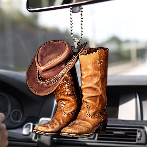 Talataca Cowboy Cowgirl Hut Stiefel Männer Frauen Western Pferd 2D Flach Auto Rückspiegel Zubehör Weihnachtsbaum Ornament Dekoration Hängende Charme Innen Rückansicht Anhänger Dekor Geschenk