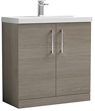 nuie ARN2505A Arno Modern Bathroom Floor Standing 2 Door Vanity Unit with Mid-Edge Ceramic Basin, 800mm, Woodgrain Solace Oak