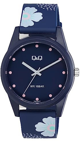 Q&Q Damen-Uhr Silikon Dornschließe 10 Bar dunkelblau Floral Analog Quarz V08A-003VY