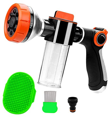 Pup Jet Dog Wash High Pressure Hose Foam Sprayer Water Gun Garden Hose Nozzle 8 Spray Mode with Soap Dispenser Bottle for Watering Plants Cleaning Showering Dog Washing Attachment Pet Shower Bath Tool