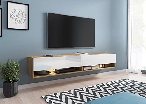 MINIO go for it - Armoire TV Lowboard Anne I 180x30x33 cm I avec Portes et Niches Ouvertes I Panneau de Particules Stratifié I Fonctionnel I Blanc Brillant et Chêne Wotan - sans Éclairage