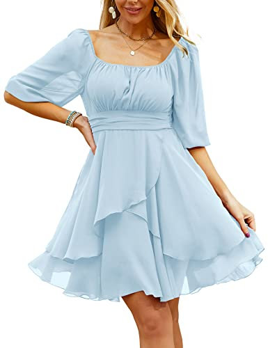 Beluring Ladies Short Dress Summer Short Sleeve Chiffon Going Out Irregular Hem Flare Short Dress Light Blue M