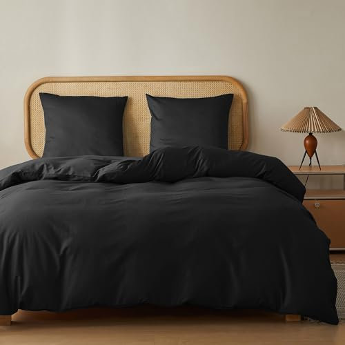 MR&HM Bettwäsche 200x200 3-teilig Baumwolle - Bettwäscheset aus 100% Baumwolle 200 x 200 x 1 Plus Zwei Kissenbezüge 80 x 80 mit Reißverschluss, weiche und komfortable Bettwäsche, Schwarz