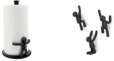 Umbra Buddy Küchenrollenhalter stehend, Zewa Rollenhalter und Papierrollenhalter für Küchentücher, Schwarz & Buddy Haken - Dekorative Wandhaken Garderobe, 3er-Set, Schwarz