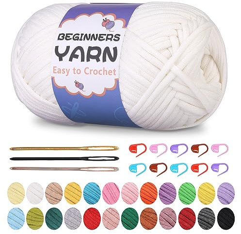 Zlulary Filato di cotone per uncinetto, facile da 200 g, per principianti, con punti chiari, marcatore per punti, ago smussato, perfetto per progetti generici a maglia (bianco)