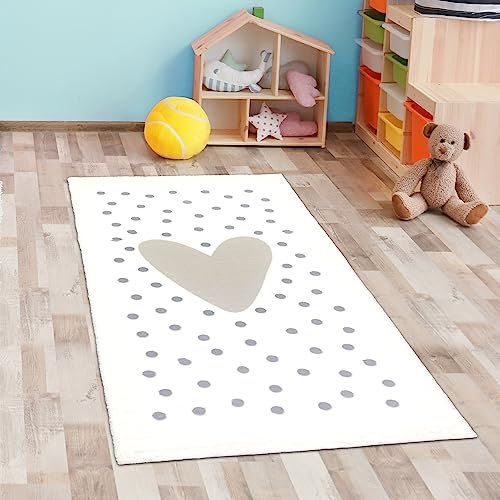 CARPETIA Kinderzimmer-Teppich Herz-Pünktchen pflegeleicht weich Creme, grau 80x150 cm