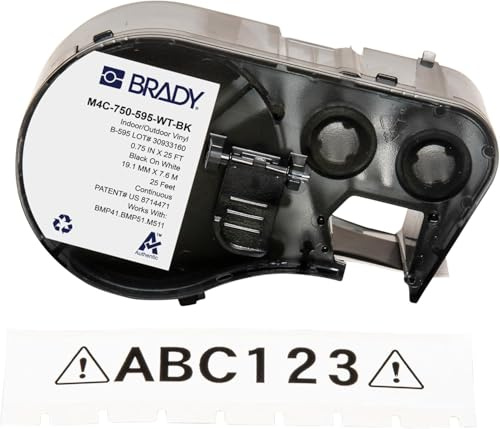 Brady Vinyl-Etikettenband für Etikettendrucker BMP41/BMP51/BMP53/M511, selbstklebende Druckeretiketten, Schwarz auf Weiß, 19,05 mm (B) x 7,62 m (L)) – M4C-750-595-WT-BK