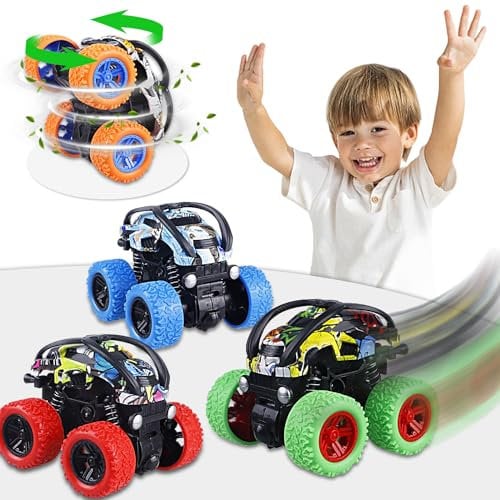 Moocuca 4 Stück Monstertruck, Reibungsbetriebene Zurückziehen Spielzeugauto, 360 Grad Rotierende Trägheitsbetriebene Fahrzeuge, Monster Truck für Jungen ab 3 Jahren Geeignet
