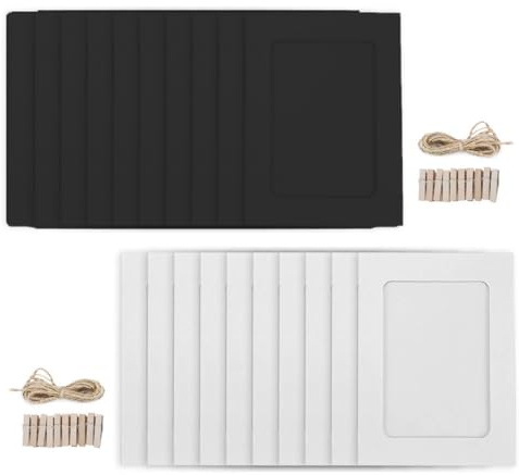 Ieron 20 PCS Paper Photo Frame 2x3 Kraft Paper Picture Frames DIY Cardboard Hanging Photo Wedding Birthday Party Decoration with Wood Clips and Jute Twine (Black White)