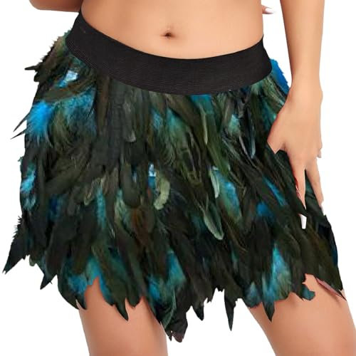 Federrock Damen Karneval Kostüm Festival Outfit Fransenrock Pfau Kostüm Geformten Gürtel Mid-Rise Tüllrock Schlanke Hüfte Feder Rock Federrock Ballettkleidung Halbkörper Rock Faschingskostüme