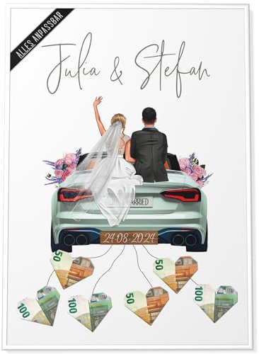 Papierschmiede® Personalisiertes Geldgeschenk Hochzeit | DIY Hochzeitsgeschenke für Brautpaar | ECHTES PAAR | A2 Poster mit Rahmen Hochzeitsauto Geld Geschenk Bild „New Car“