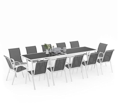 IDMarket - Salon de Jardin Madrid Table Extensible 135-270 CM et 12 chaises empilables Blanc et Gris