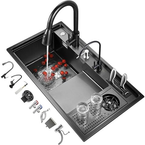 Fregadero De Barra Escalonado De Un Solo Seno con Lavavasos: Innovadora Estación De Trabajo De Cocina, Fregadero De Cocina Empotrado De Acero Inoxidable con Revestimiento Nanométrico para Tienda, Bar