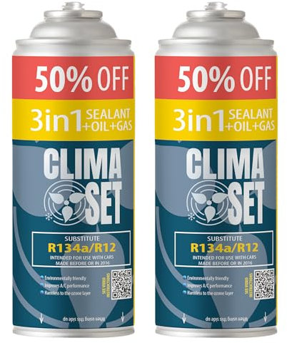 Clima Set R134 Réfrigérant de Climatisation 3en1 avec Produit d'Etanchéité et Huile - pour Climatisation Auto - Réfrigérant pour Climatiseur Auto - 2 Canettes de 235 g ECO