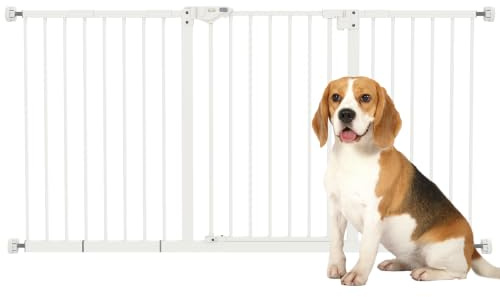 PawHut Cancellino per Cani Larghezza Regolabile Fino 147.5 cm, Bianco | Cancello per Cani e Animali Domestici, Fissaggio a Pressione Senza Fori, Chiusura Automatica