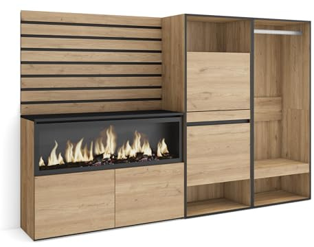Skraut Home | Sideboard, Kommode | Aufbewahrungsschrank | 227x145x35 cm | Für Schlafzimmer, Zimmer | Elektrokamin XXL | Schuhschrank | Offener Kleiderschrank | Moderner Stil | Eiche