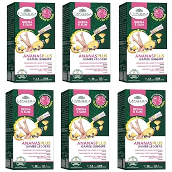 L'Angelica, Ananas Plus Gambe Leggere, Integratore Alimentare per il Drenaggio dei Liquidi, Contrasta Inestetismi della Cellulite, Con Ananas, Mirtillo e Centella, 6 Confezioni da 12 Stick