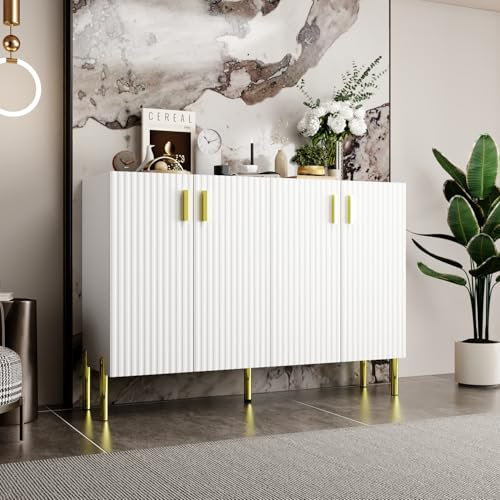 Sideboard, Kommode, Küchenschrank mit großer Stauraum und 4 Türen, 6 verstellbare Einlegeböden, Metallbeine, 120 cm Breite, für Wohnzimmer, Esszimmer, Eingang, Küche, Flur, Weiß, 41Tx120 Bx 95 H cm