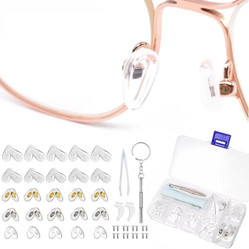 Brillen Reparatur Set – 25 Paar Silikon Nasenpads für Brillen mit Schrauben, Pinzette, Mini Brillen Schraubendreher und Reinigungstuch – Brillen Nasenpads für Lesebrillen und Sonnenbrillen