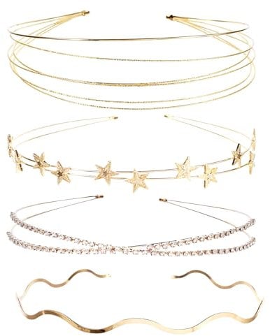 4Pcs Multi-Layered Elegant Wavy Rhinestone Headbands - Double Metal Star, Gold Hair Accessories for Women & Girls