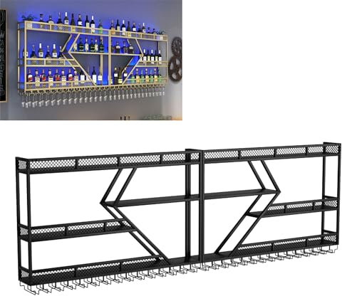 Étagère à vin murale en métal avec support à suspendre pour verres à vin et bouteilles d'alcool, armoire flottante avec lumière T pour la maison, le bar ou la cuisine, la salle à manger, étagère à