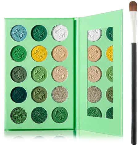 Grüner Lidschatten - 15 Farben Hochpigmentiert Wasserfest Eyeshadow Palette - Feiner Puder Mit Matter Und Schimmernder Textur Make Up Palette Mit Pinsel Und Spiegel (Grün)