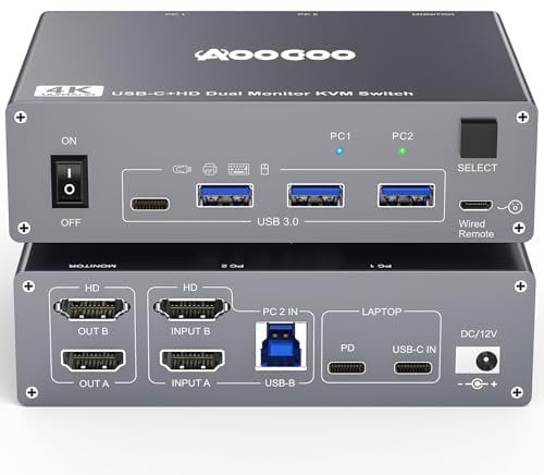 Switch KVM USB C 4K a 60 Hz, switch KVM DP HDMI per doppio monitor per 1 PC e 1 laptop con 4 porte USB 3.0, alimentatore PD per laptop, telecomando cablato, cavo USB incluso