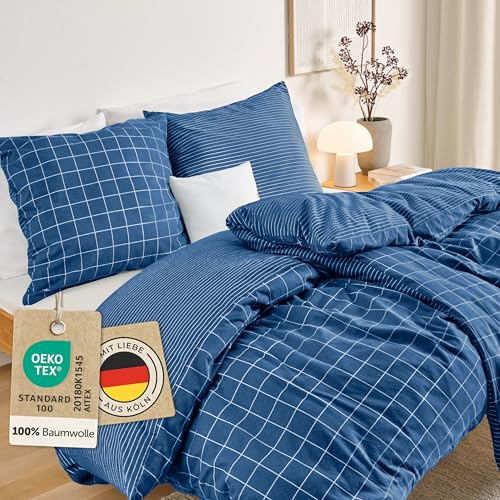 Blumtal Biber Bettwäsche 200x200cm + 2X 80x80cm Baumwolle 3teilig - Flanell Biber Bettwäsche 200x200 cm Oeko-TEX zert. & Ultra weich - 60 °C waschbare Winterbettwäsche mit edlem Wendedesign - Blau