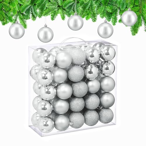 Relaxdays Christmas Baubles, Set of 50, Tree Ornaments, Holiday Decorations, Plastic, Shatterproof, 6 cm, Silver