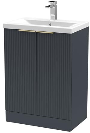Balterley Vanity Unit with Basin Floor Standing, Soft Close 2 Door with Mid Edge Sink, Bathroom Vanity Units with Basin, Fluted Front Sink Cabinet - 610 x 390 x 850mm (Black)