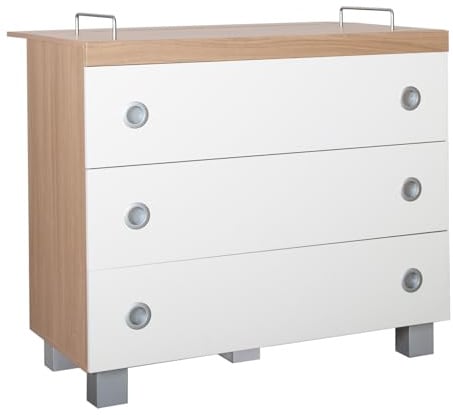Wickelkommode Leonie 105x93x75 cm Holz Ahorn, Wickeltisch mit 3 weißen Schubladen, Wickelschrank silberne Ausziehknöpfe, Kommode für Babys mit viel Stauraum, obere Ablagefläche zum Wickeln L105xB75 cm
