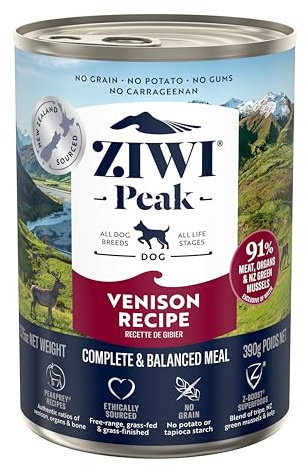 ZIWI Peak Wet Dog Food Tins - Complete Grain Free Dog Wet Food Pate Puppy/Adult/Senior - New Zealand Venison Recipe - 12x 390g Multipack