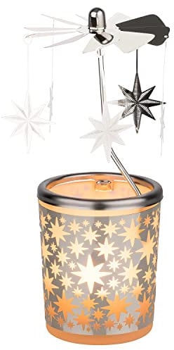 MaMeMi Weihnachtliches Windlicht/TEELICHT ZUR ADVENTSZEIT aus Glas mit KARUSSELL [Motiv Sterne] Höhe 15 cm insgesamt- [Teelicht inklusive]