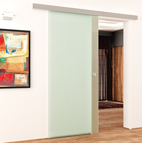 Glasschiebetür 1025x2050 mm Vollsatiniert Milchglas blickdicht Levidor Basic-System komplett Alu-Laufschiene und Edelstahl-Muschelgriffen Schiebetür aus Sicherheitsglas für Wohnzimmer Esszimmer