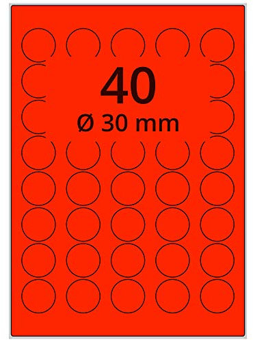 Farbige Etiketten auf A4 Bogen, neonrot - Ø 30 mm - 4.000 Papier Aufkleber auf 100 Blatt, selbstklebende Laser-Etiketten fluorisierend leuchtfarbig