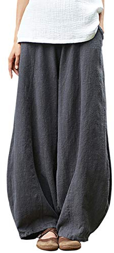 IXIMO Women's Casual Cotton Linen Baggy Pants with Elastic Waist Relax Fit Lantern Trousers Gray L