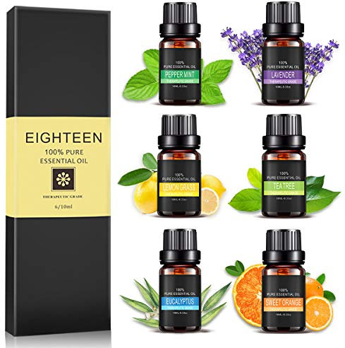 AIDUCHO Set di Oli Essenziali per Diffusori Puri 6 Pezzi, Diffusore di Oli Essenziali Naturali per Massaggio 10ML Essenza per Diffusore - Lavanda/Eucalipto/Tea Tree/Menta Piperita/Arancia/Citronella
