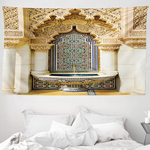 ABAKUHAUS Marokkanisch Wandteppich und Tagesdecke, Vintage Eastern Art, aus Weiches Mikrofaser Stoff Wand Dekoration Für Schlafzimmer, 230 x 140 cm, Elfenbein Blassbraun Blau