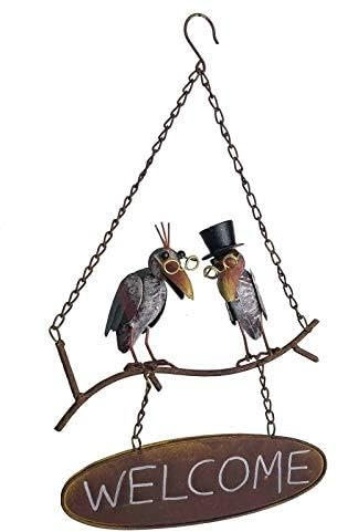 L'Héritier Du Temps Suspension Écriteau à Suspendre Panneau Welcome Motifs Corbeaux en Métal 11x28x49cm