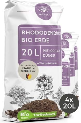 Bio Rhododendronerde 80 L (4x20L) - Saure Erde mit 20% weniger Torf für Moorbeetpflanzen - Erde für Pflanzen mit Dünger - Saure Blumenerde - Pflanzenerde mit saurem PH-Wert