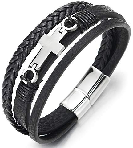 COOLSTEELANDBEYOND Edelstahl Horizontalen Seite Seitlich Flacher Kreuz Drei Stränge Schwarz Geflochtene Lederarmband Armreif für Herren