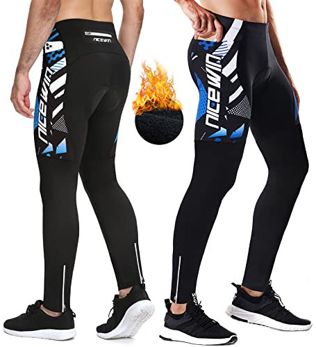 NICEWIN Radlerhose Fahrradhose Herren Lang mit Sitzpolster 4D Gepolsterte Winter Thermo Radhose Atmungsaktiv stoßfeste Tights Elastisch Hosen,XL,Blau-Thermo Wolle